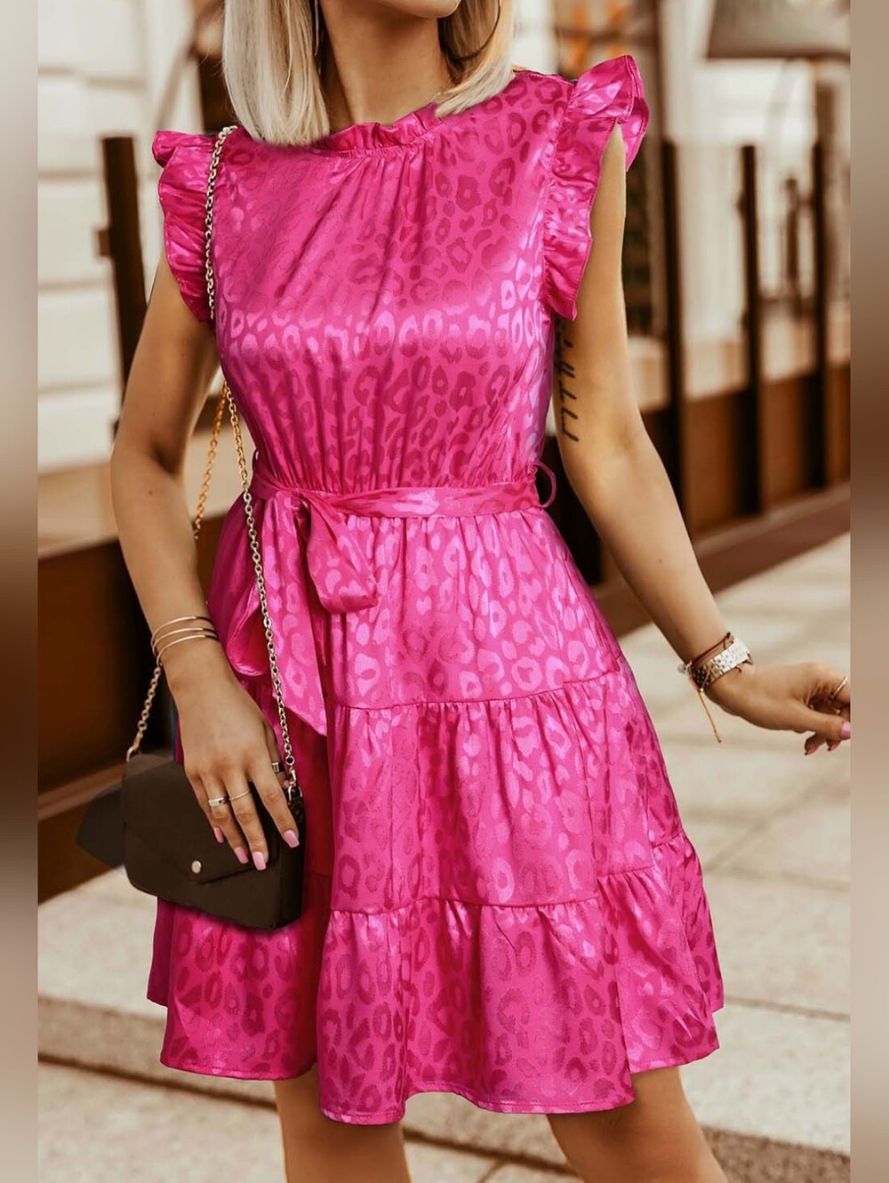 SHEIN - Hot Pink Leopard Silky Tie Belted Waist Ruffle Sleeveless Mini Dress - S